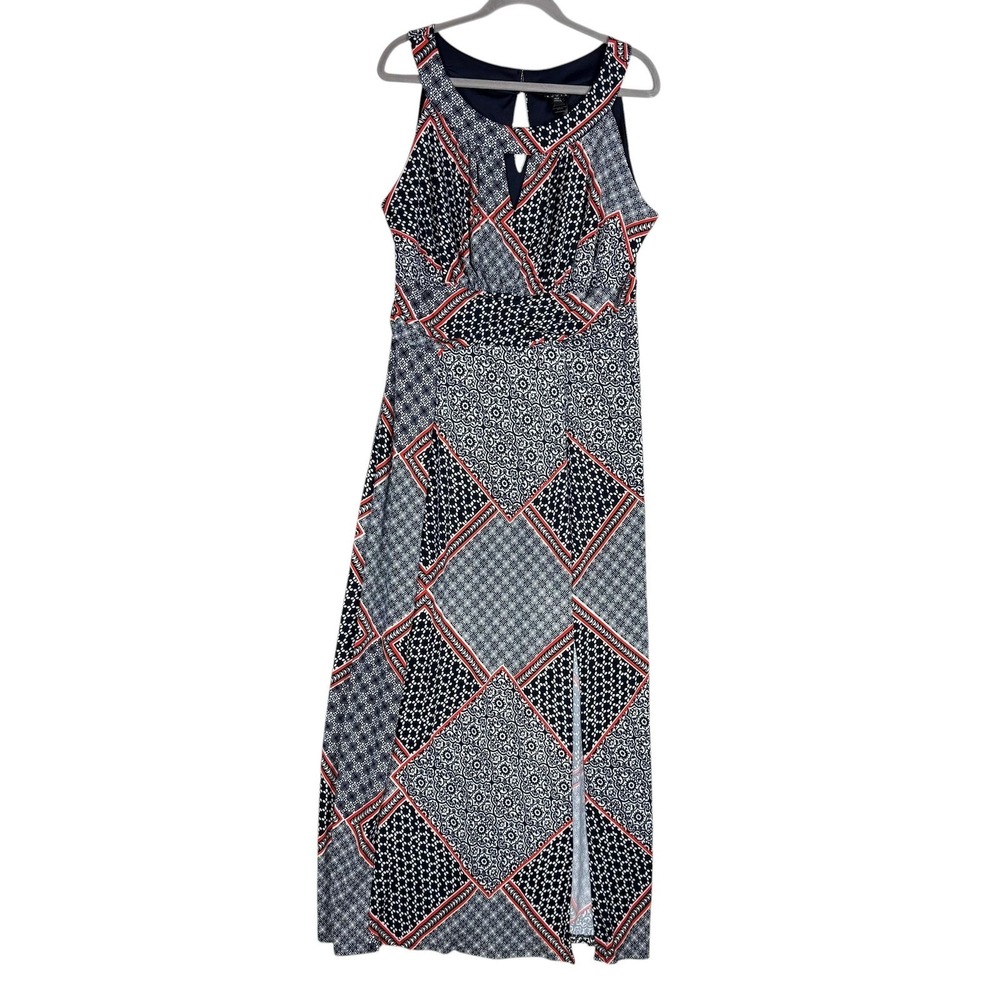 En Focus Dress Womens 16W Blue Geometric Maxi‎ Sleeveless Keyhole Fit & Flare